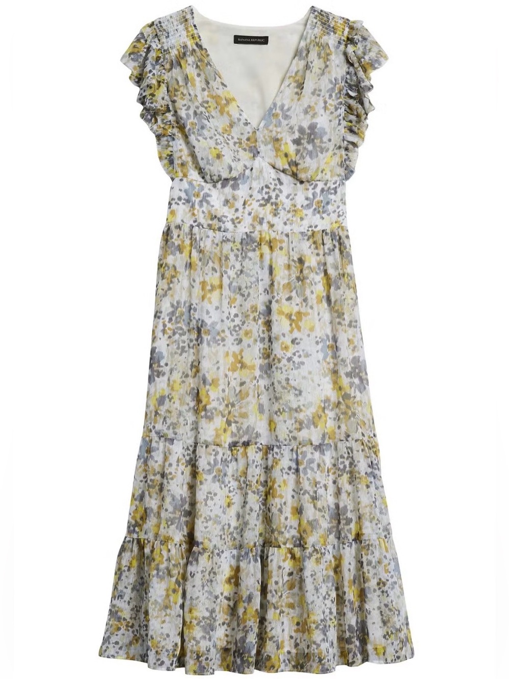 Banana Republic Yellow Gray White Floral V-Neck Flutter Maxi Dress Size 6